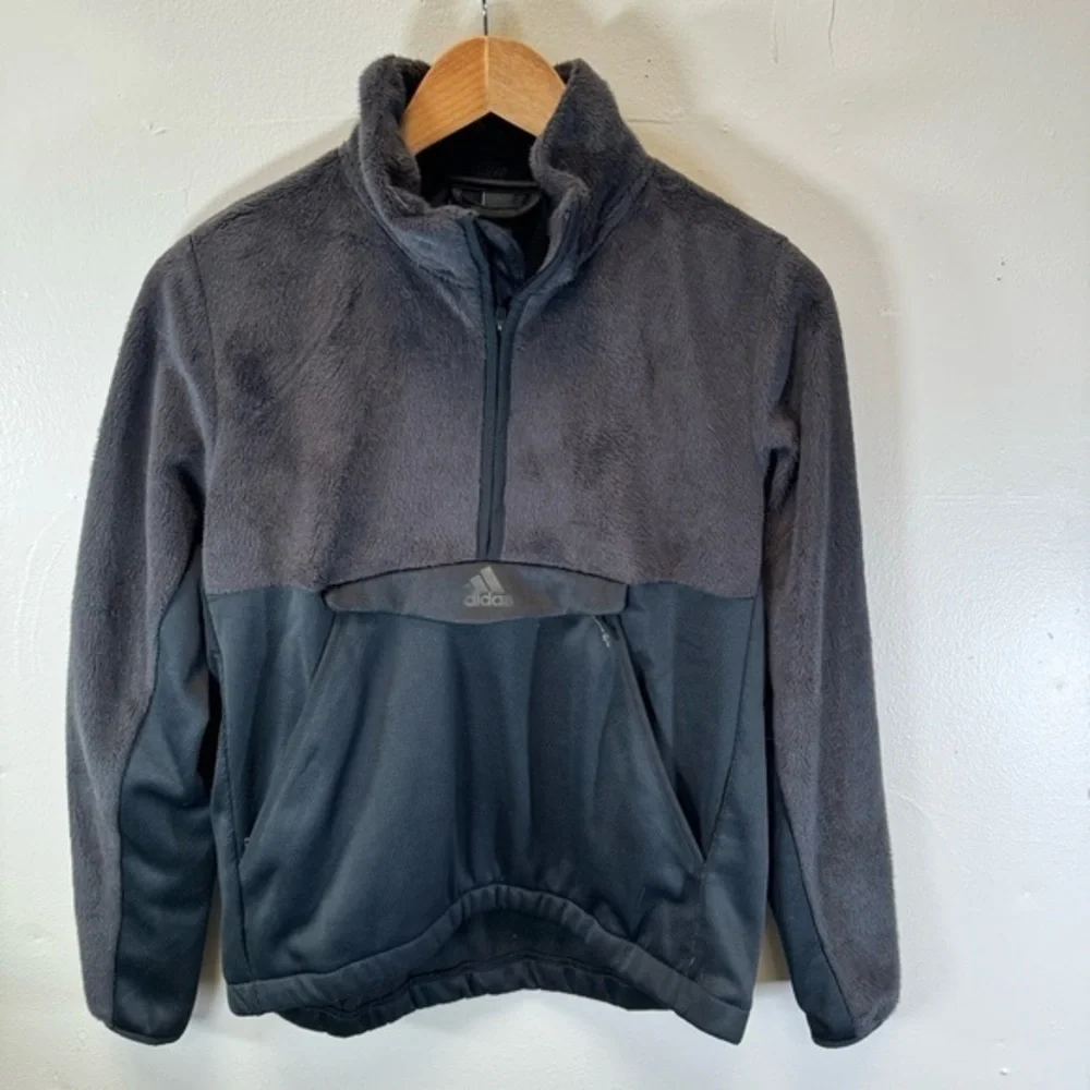 Adidas fleece pull over sweater sweatshirt black mens small women medium pockets
